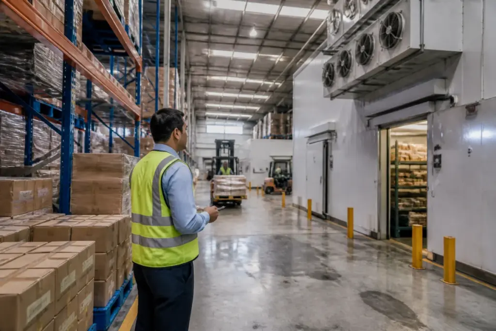 Pune FDA action at a food warehouse with packaged goods and cold-storage equipment