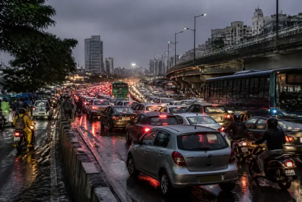 Bengaluru traffic congestion on a rain-affected road during Dasara travel