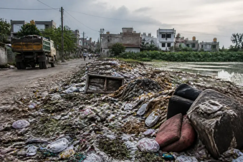 Chennai garbage dumping along a peri-urban road near a waterbody