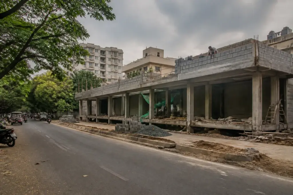 Adyar food court construction site in Chennai with unfinished civic shops