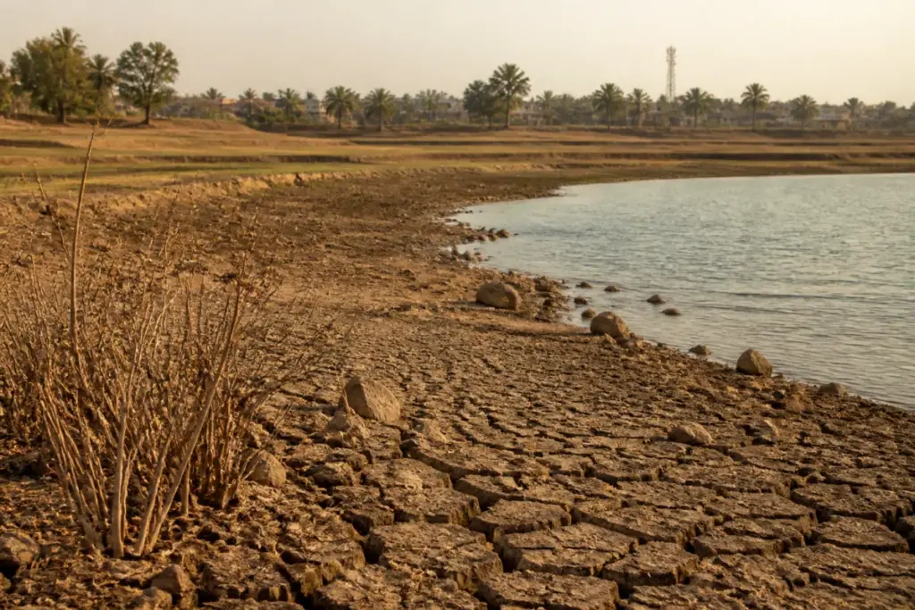 Early 2027 heat in India threatening a dry Tamil Nadu reservoir and parched agricultural land
