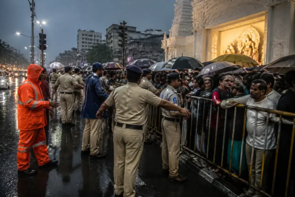 Kolkata stampede aftermath near a crowded puja pandal