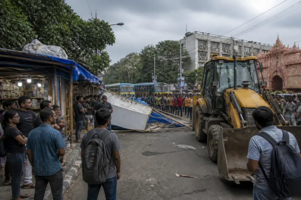Jadavpur book stalls near Kolkata’s 8B bus stand facing a municipal earthmover