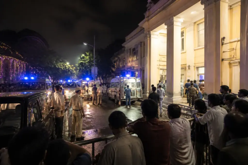 Police and ambulances outside Calcutta Medical College after the Kolkata pandal stampede