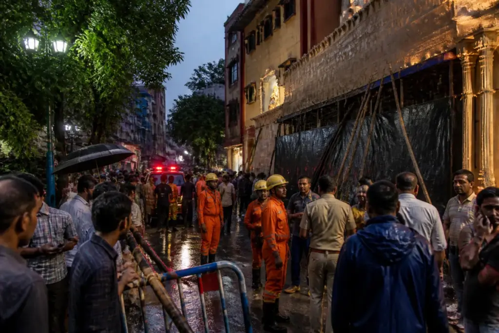 Kolkata stampede aftermath near a crowded Durga Puja pandal during heavy rain