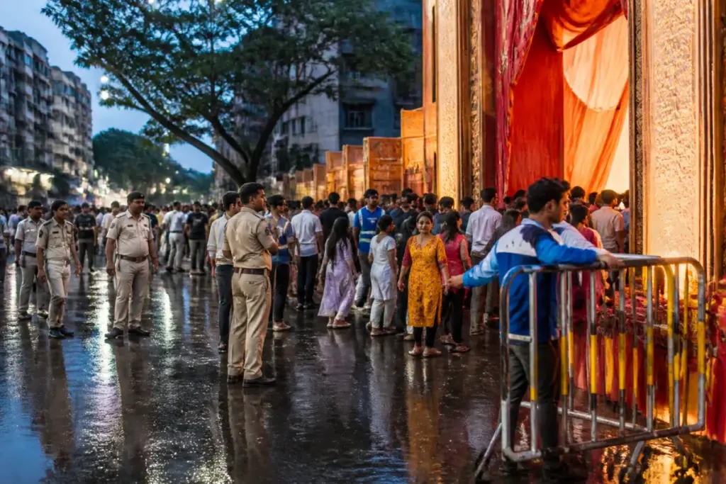 Kolkata Durga Puja pandal with crowds being managed near entry and exit barricades