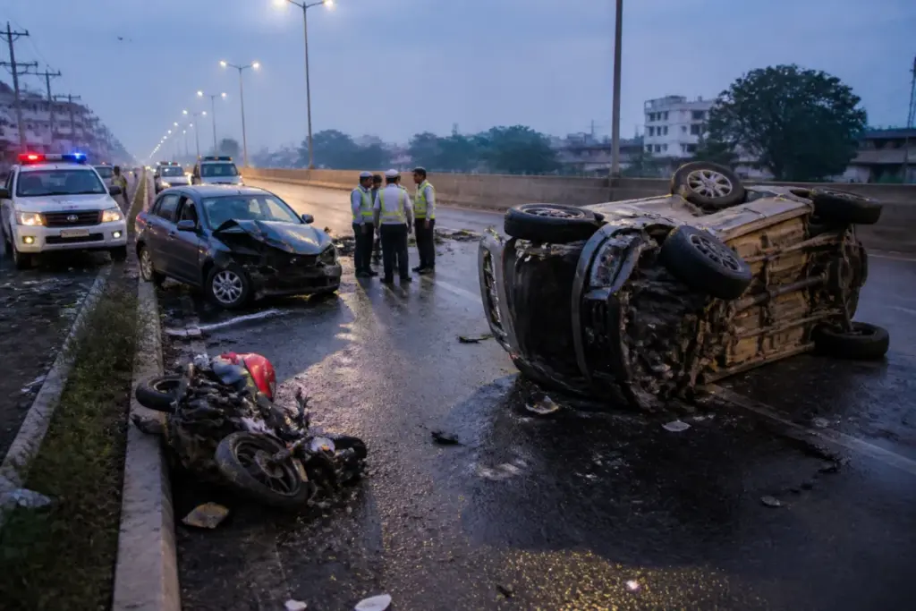 Kalyani Expressway crash site near Barrackpore with damaged cars and emergency responders