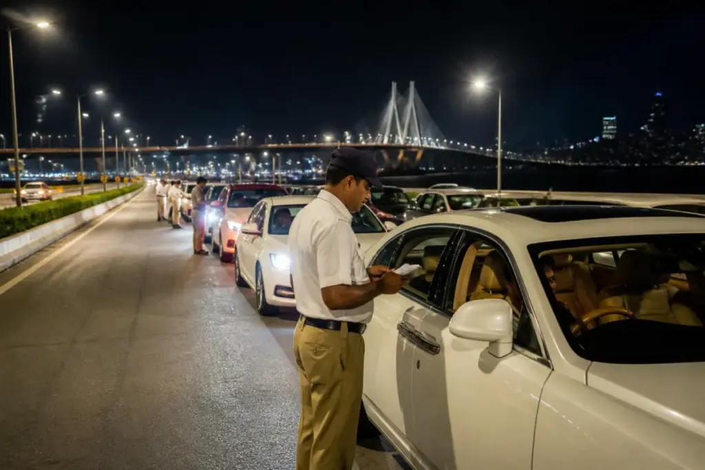 Mumbai RTO officials checking luxury cars during a vehicle tax enforcement drive