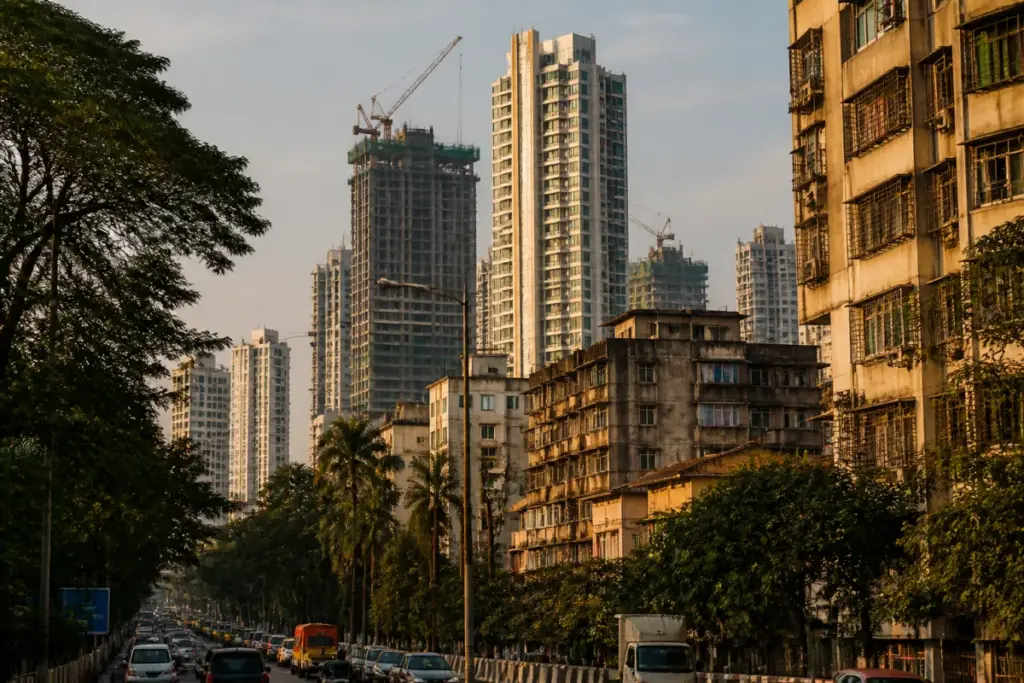 Mumbai luxury housing towers overlooking a dense urban neighbourhood