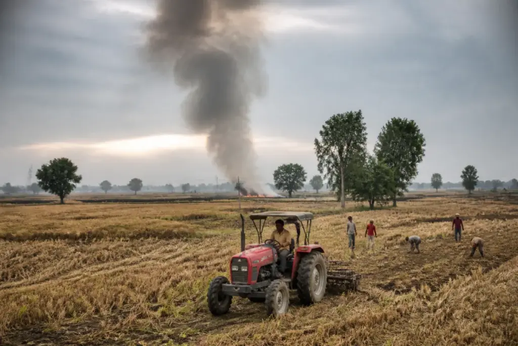 Punjab stubble burning monitored across harvested fields near Amritsar