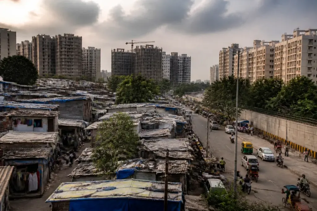 Delhi JJ cluster redevelopment site with dense housing and surrounding urban infrastructure