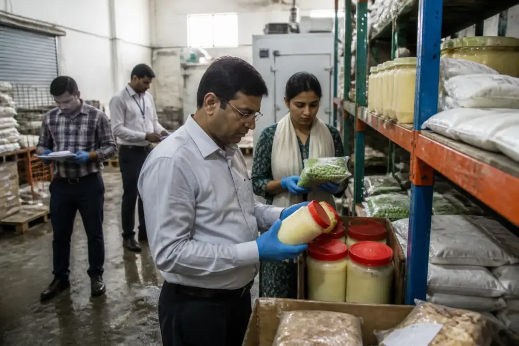 Delhi food safety inspection at a warehouse with packaged food products and storage violations