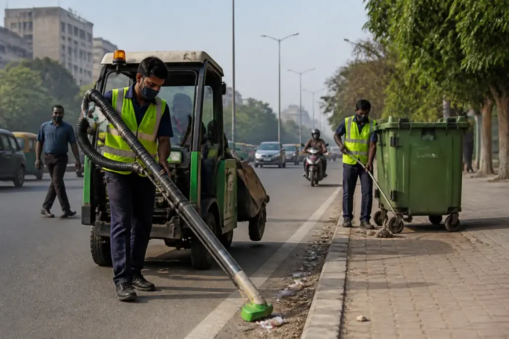 Battery-powered litter pickers supporting Delhi waste management on a city road