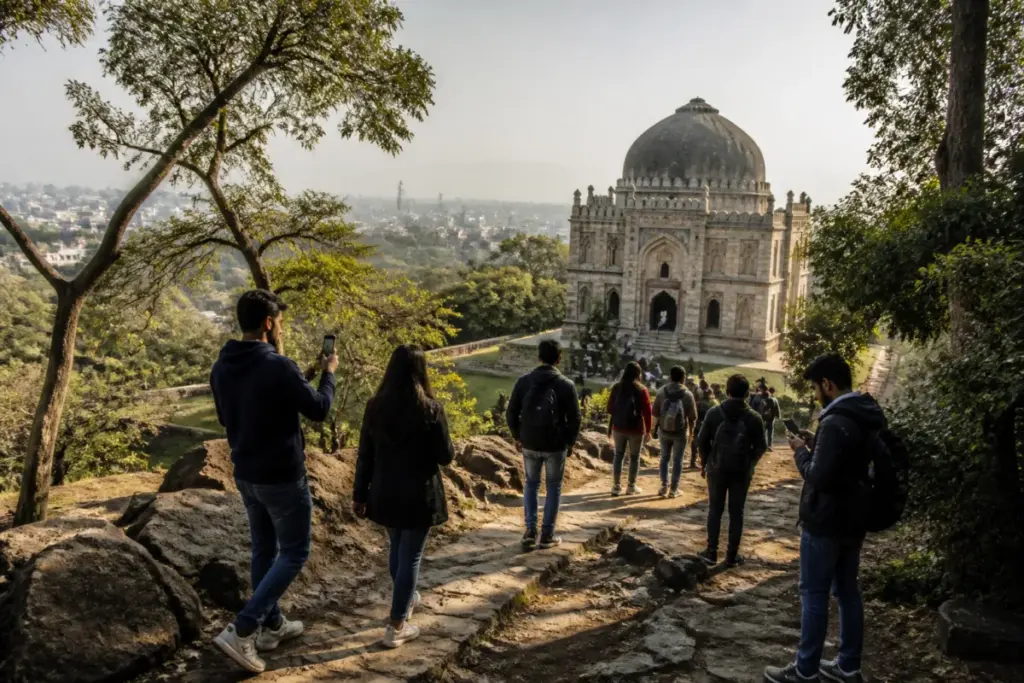 Delhi Ridge digital guide featuring a heritage monument amid the Northern Ridge landscape