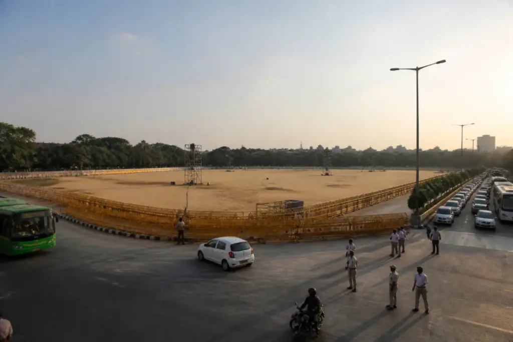 Ramlila Maidan, one of Delhi’s new protest sites, prepared for a public rally.