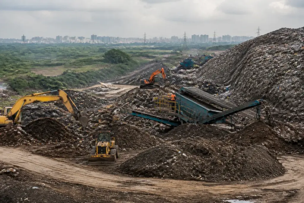 Delhi landfill biomining equipment at a dumpsite with legacy waste mounds