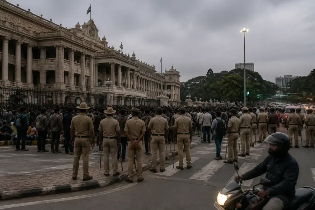 Bengaluru Town Hall protest area with police managing a gathering