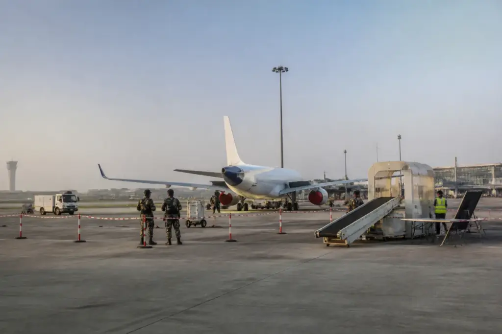 Security screening area at Hyderabad airport after a flight bomb scare
