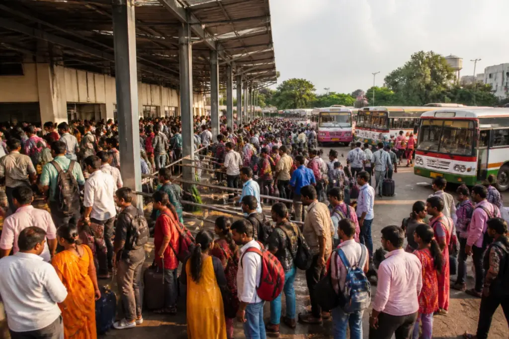 Hyderabad Dasara rush at a crowded bus terminal with passengers travelling home
