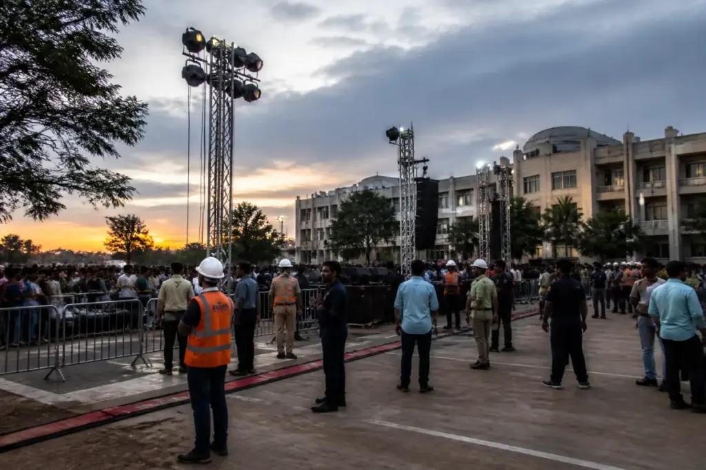 College event safety concerns at a crowded Hyderabad campus with temporary lighting structures