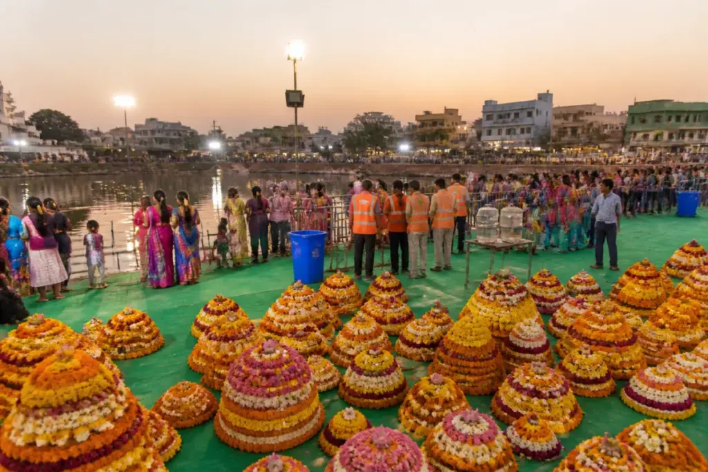 Karimnagar Bathukamma arrangements at a decorated immersion venue with safety barricades