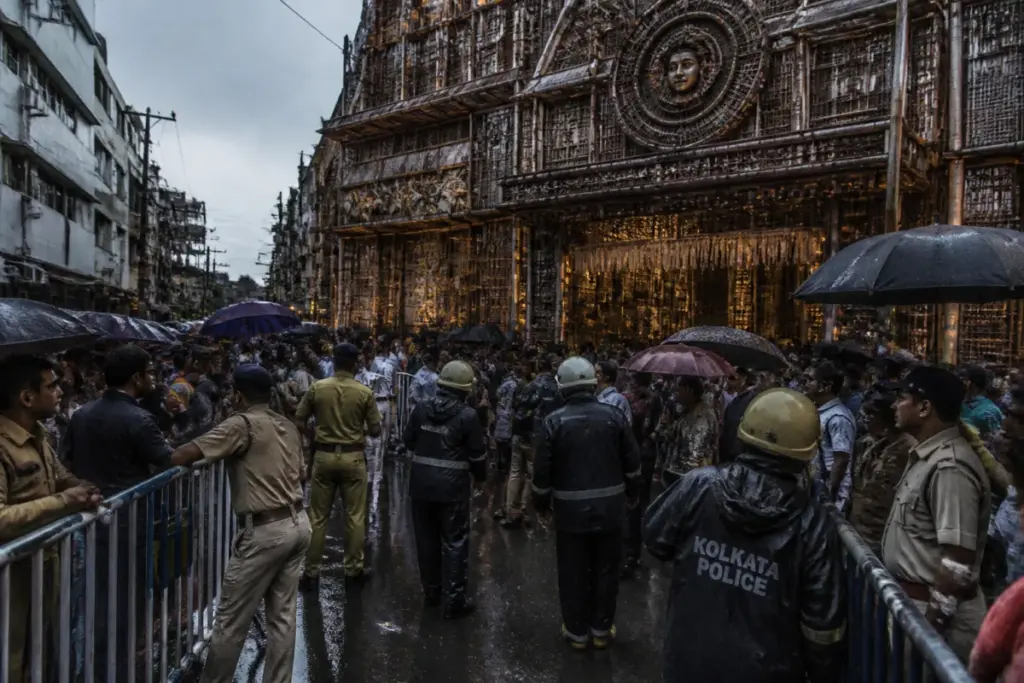 Crowd outside the Chorbagan pandal after the Kolkata pandal stampede