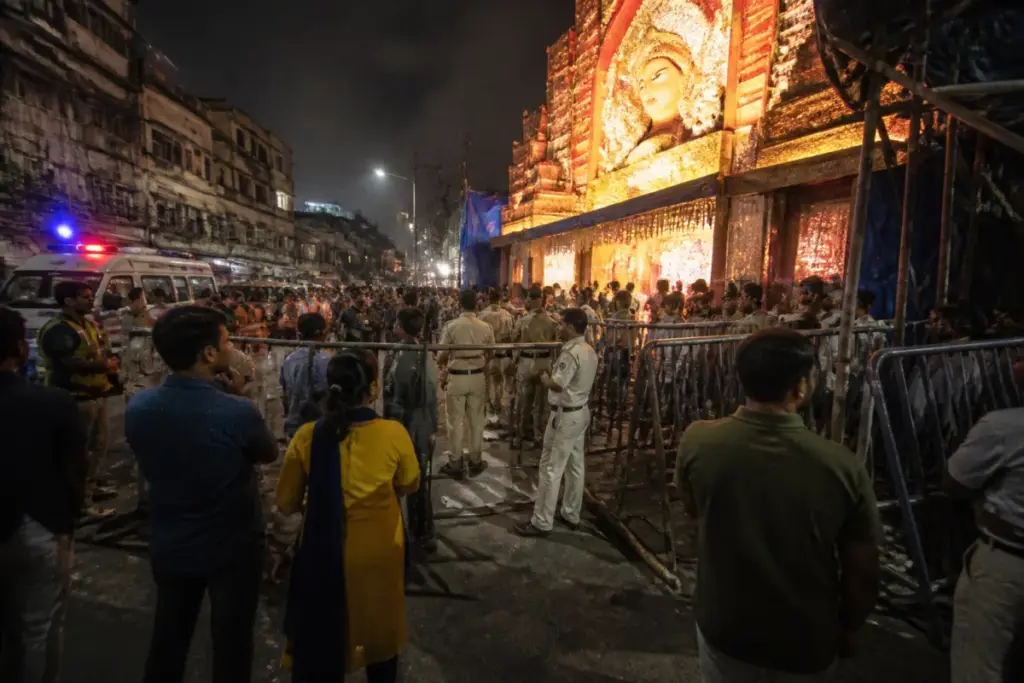 Kolkata pandal stampede aftermath near a Durga Puja venue with police barriers and emergency activity