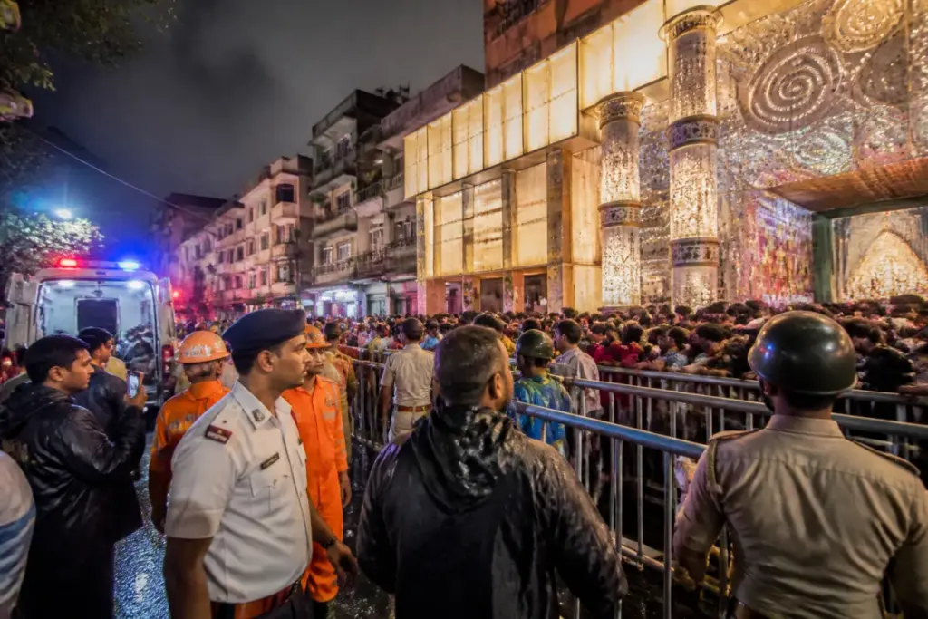 Kolkata Durga Puja stampede site near a crowded pandal during an emergency response