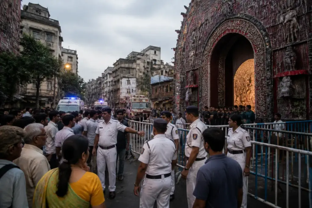 Kolkata stampede site outside a crowded Durga Puja pandal with police barricades and emergency response