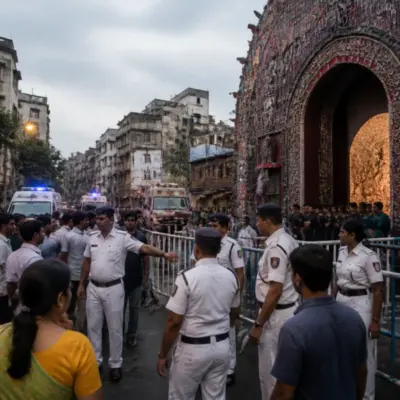 Kolkata stampede site outside a crowded Durga Puja pandal with police barricades and emergency response