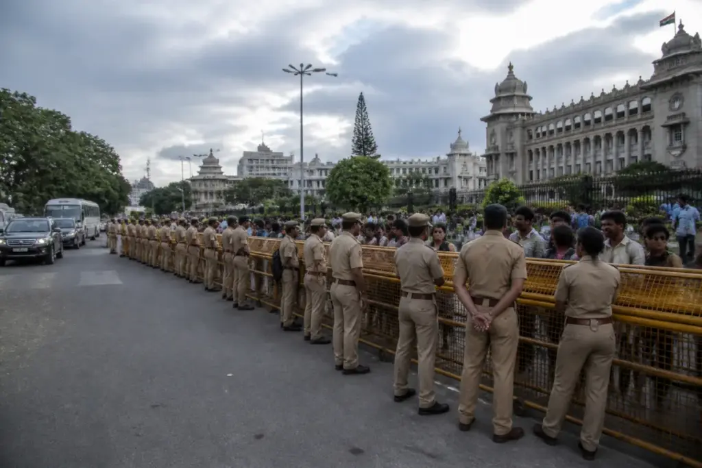 Police barricades near Bengaluru Town Hall during a protest against electoral roll revision