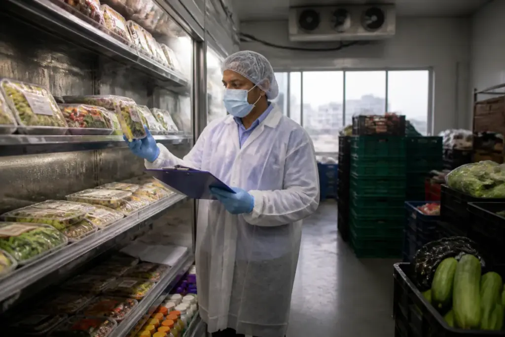 Delhi food safety inspection of packaged food storage at an online grocery facility