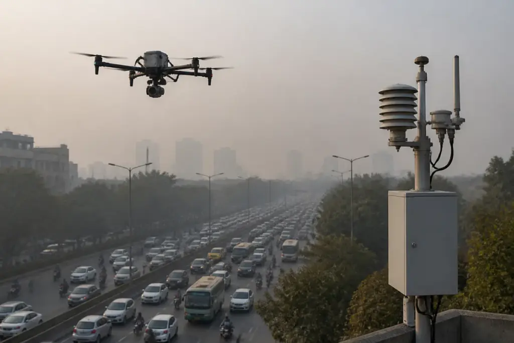 NCR air pollution monitoring with sensors and drones over a Delhi road