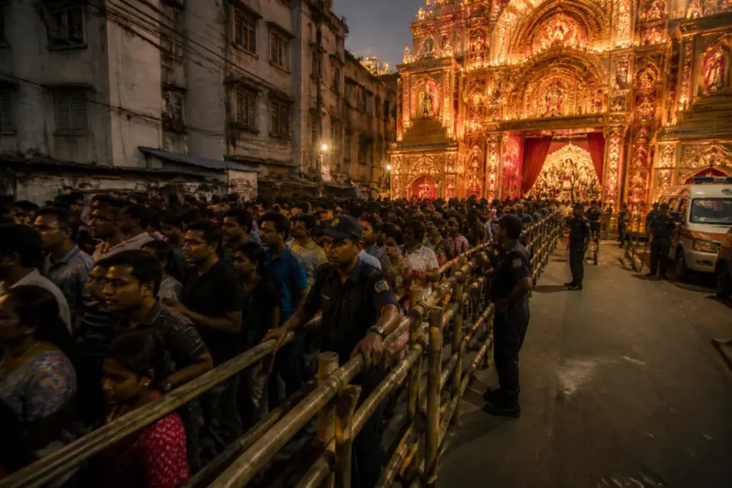 Kolkata pandal stampede scene outside a crowded festival entrance
