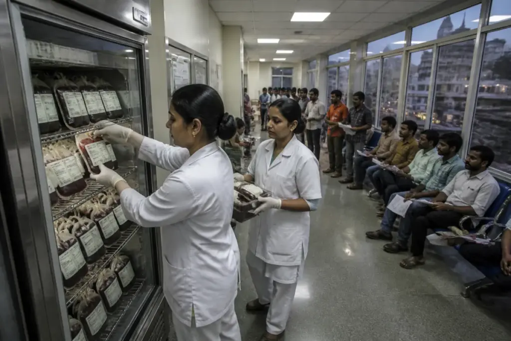 Kolkata blood shortage reflected by a blood bank refrigerator and donation queue