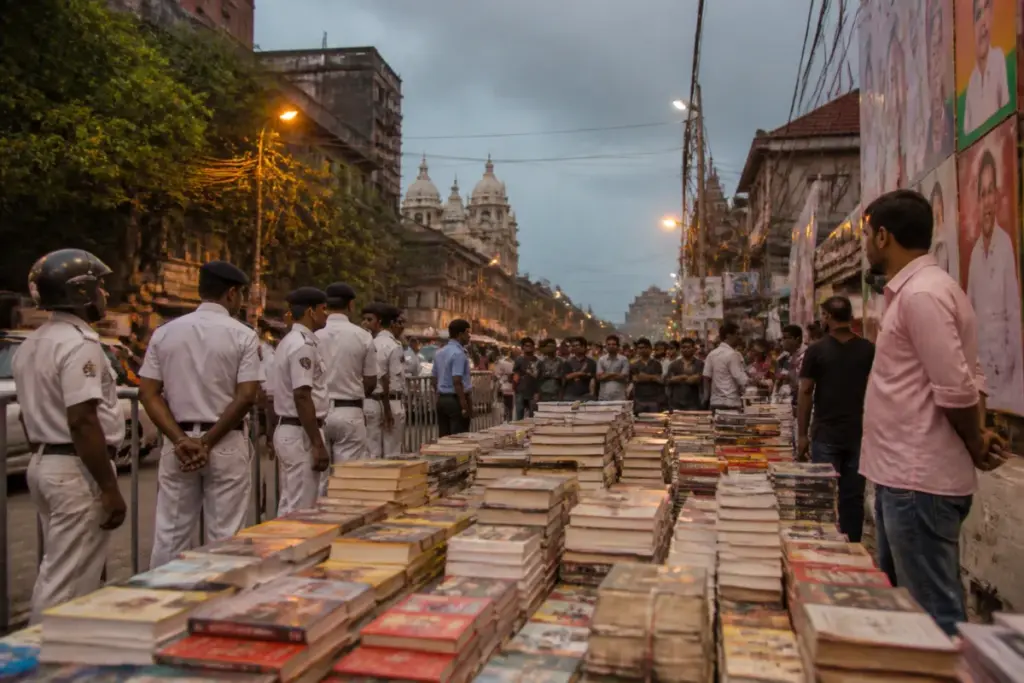 Kolkata book stall row involving a political book stall and police presence in a city street