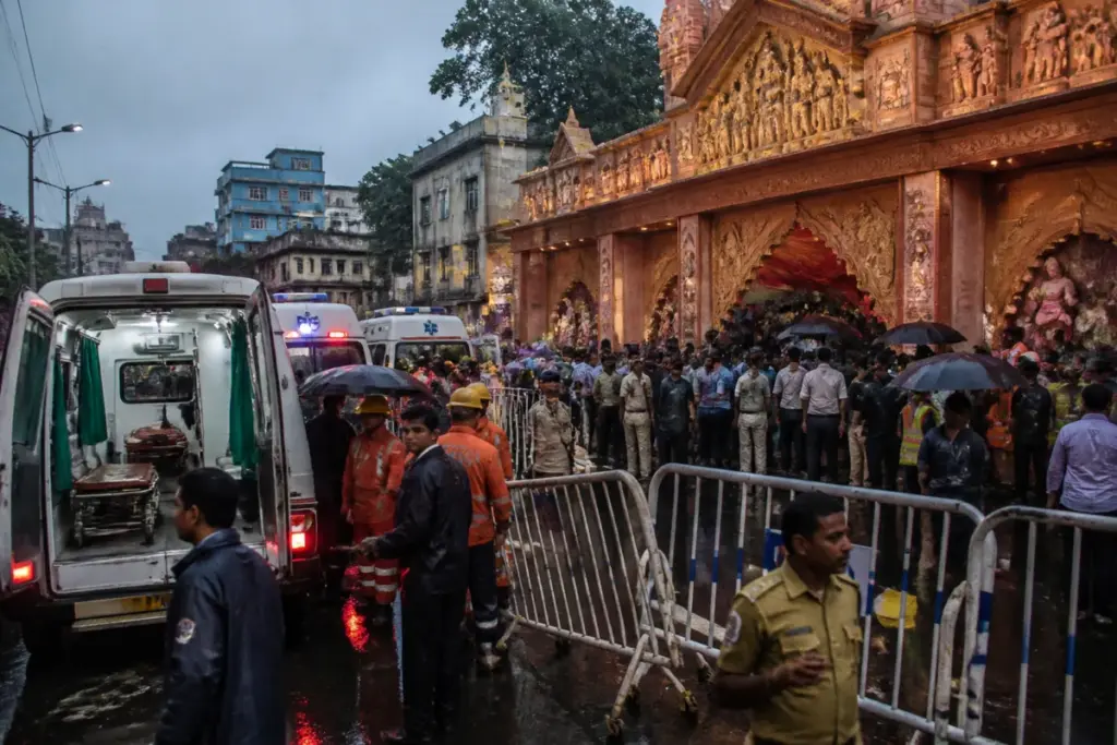 Kolkata puja pandal stampede aftermath near a crowded Durga Puja venue