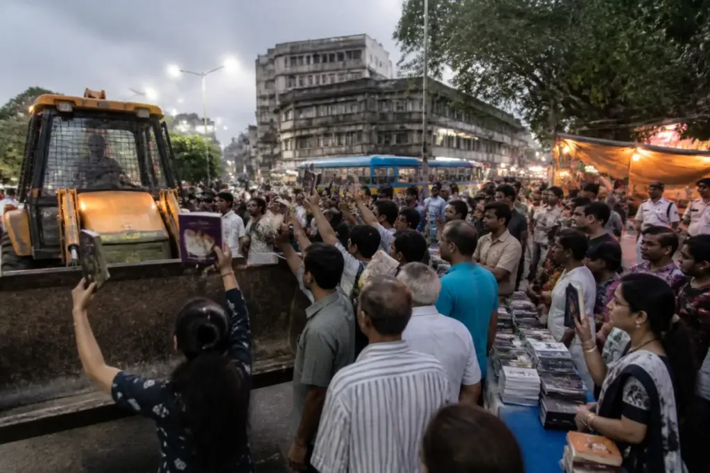 People blocking a bulldozer near a Jadavpur book stall in Kolkata