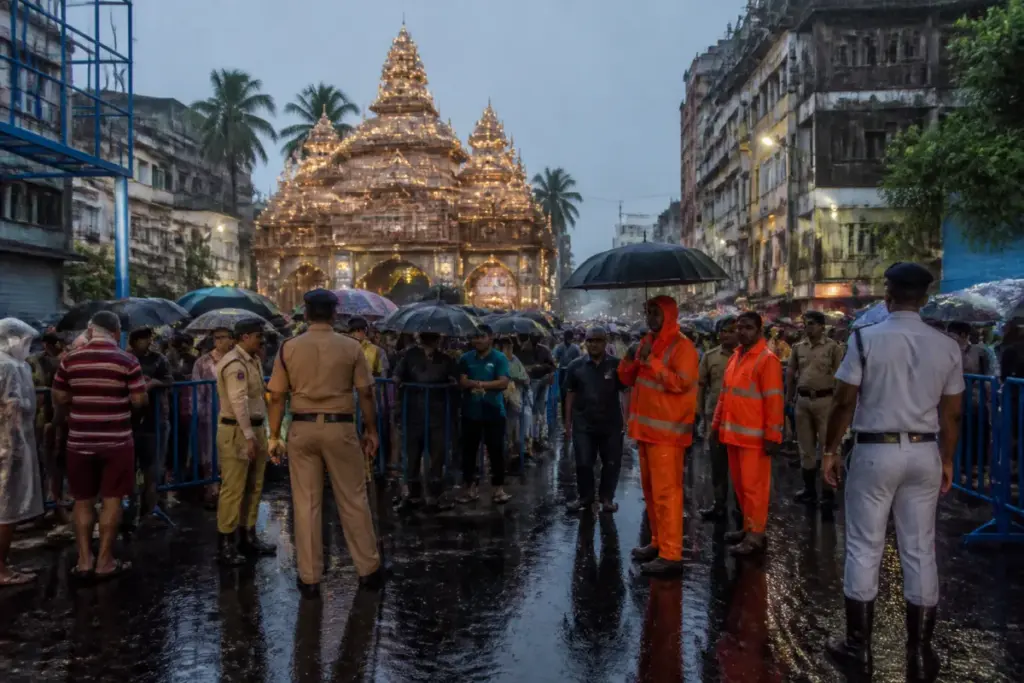 Kolkata Durga Puja stampede site with police managing crowds outside a rain-soaked pandal