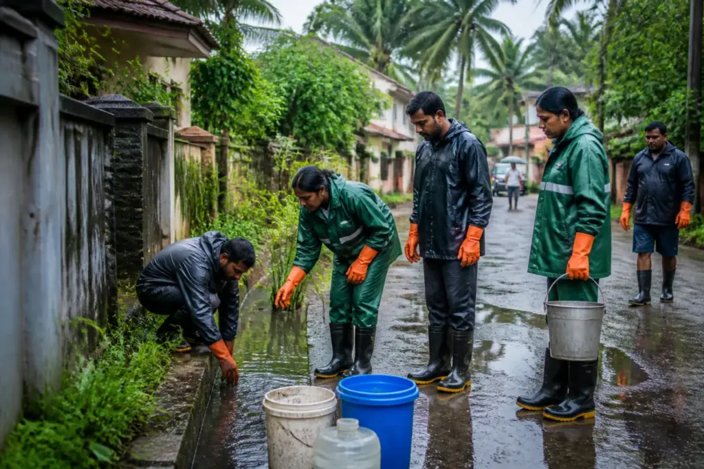 Leptospirosis prevention workers clearing stagnant water during monsoon rains in Thiruvananthapuram