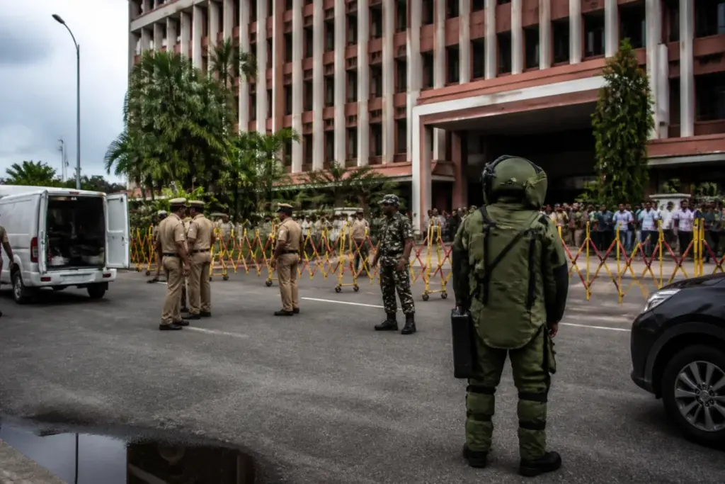 Kerala bomb threats case involving security personnel outside a government building in Thiruvananthapuram
