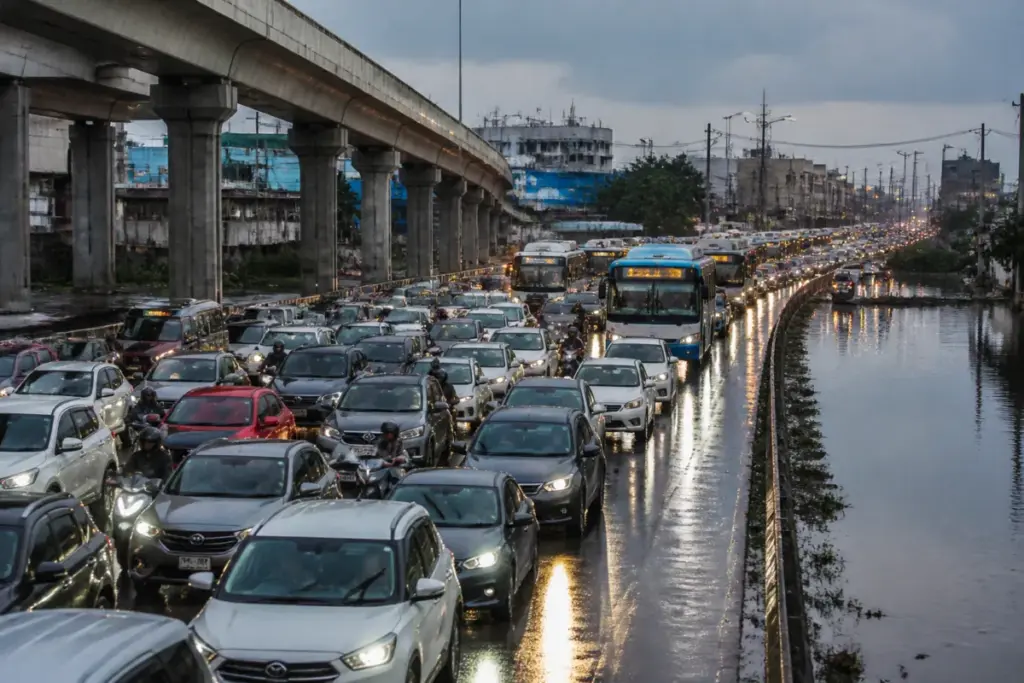 Bengaluru traffic jam on a rain-affected road during the Dasara travel rush