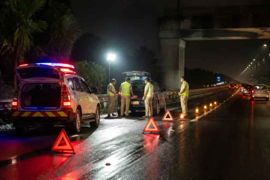 Highway patrol squad vehicle supporting motorists on an Ernakulam national highway