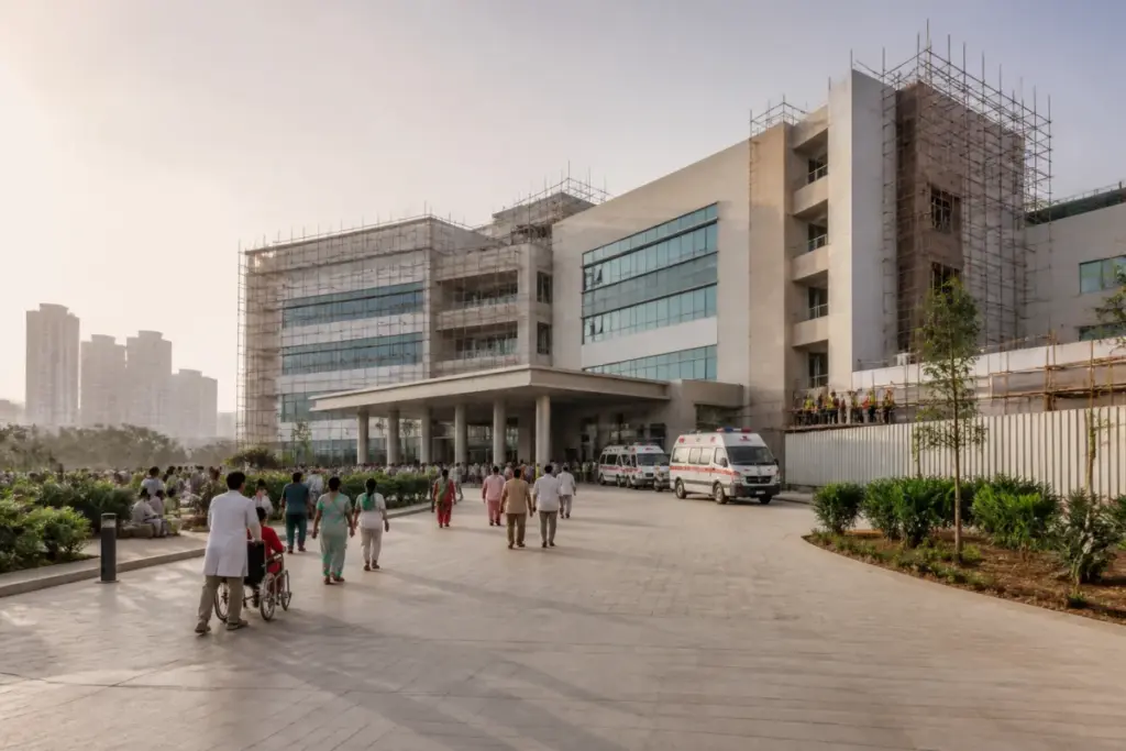 Tata Trusts hospitals concept showing a modern not-for-profit healthcare facility in an Indian city