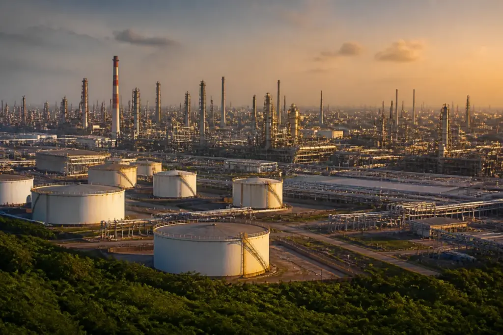 Russia oil sanctions and India’s energy security represented by an industrial refinery