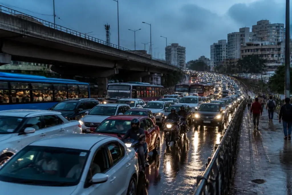 Bengaluru traffic jam on a rain-affected road during the Dasara travel rush