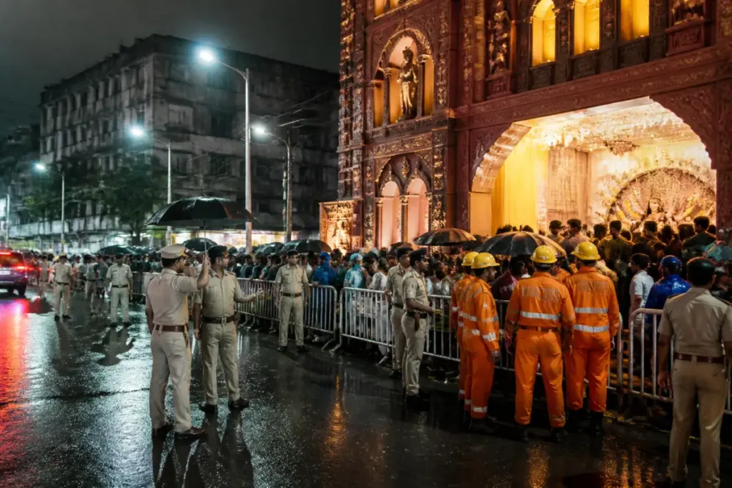 Kolkata pandal stampede aftermath near a crowded Durga Puja venue after heavy rain