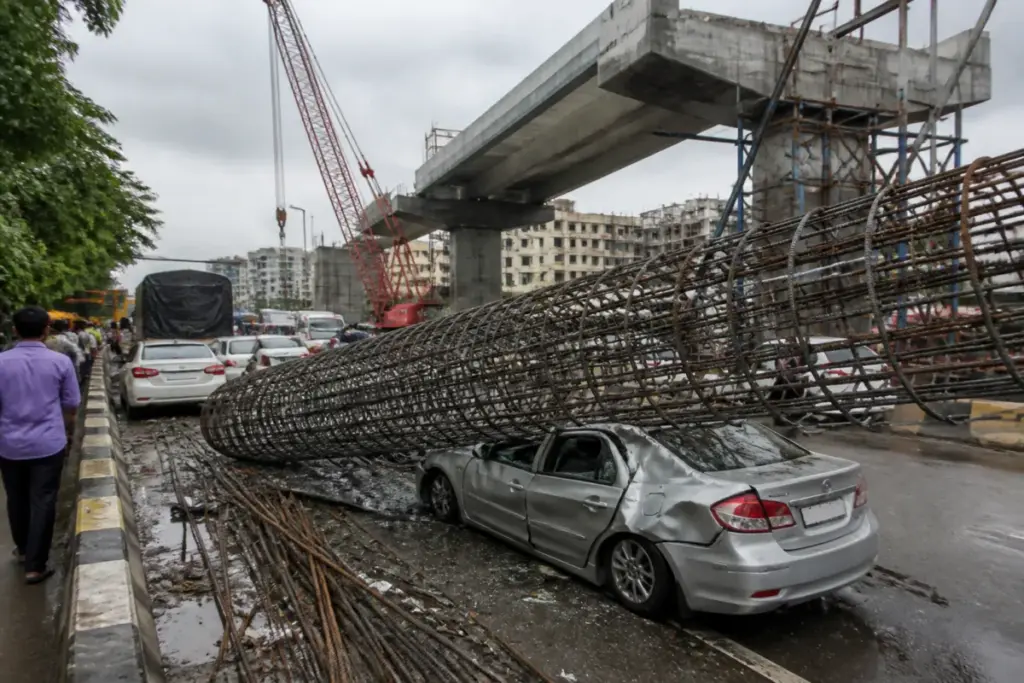 Mumbai construction accident scene with a steel reinforcement cage collapsed onto a car