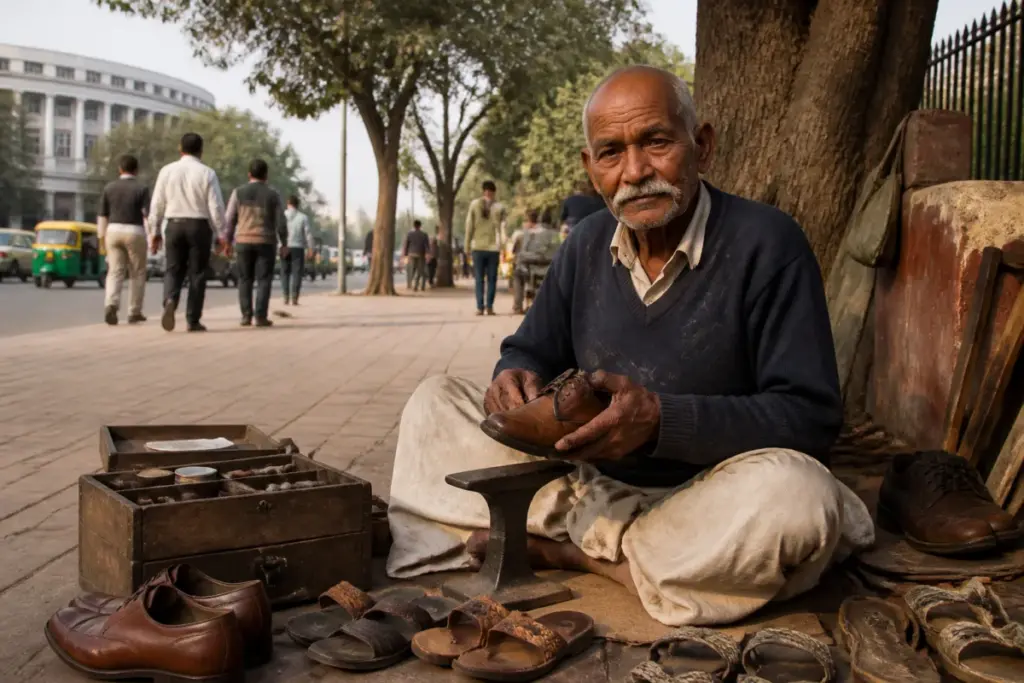 Delhi cobbler repairing shoes beside a busy government-office district
