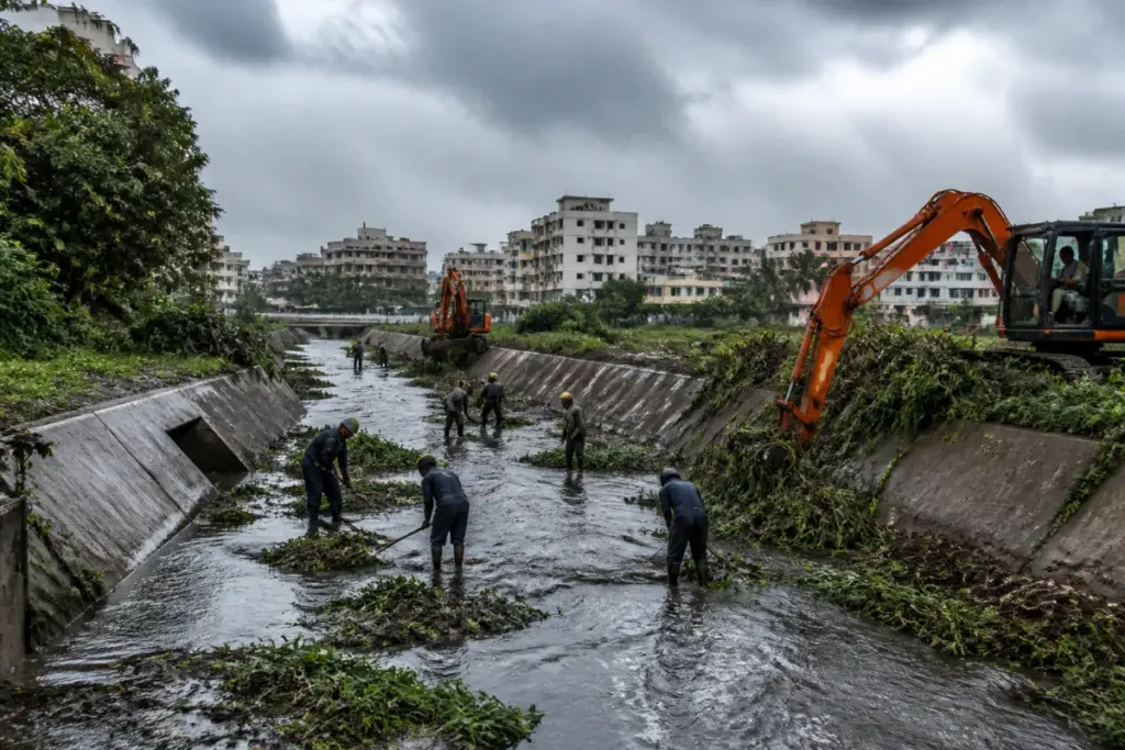 Tamil Nadu flood warning as Chennai drainage workers clear a stormwater channel